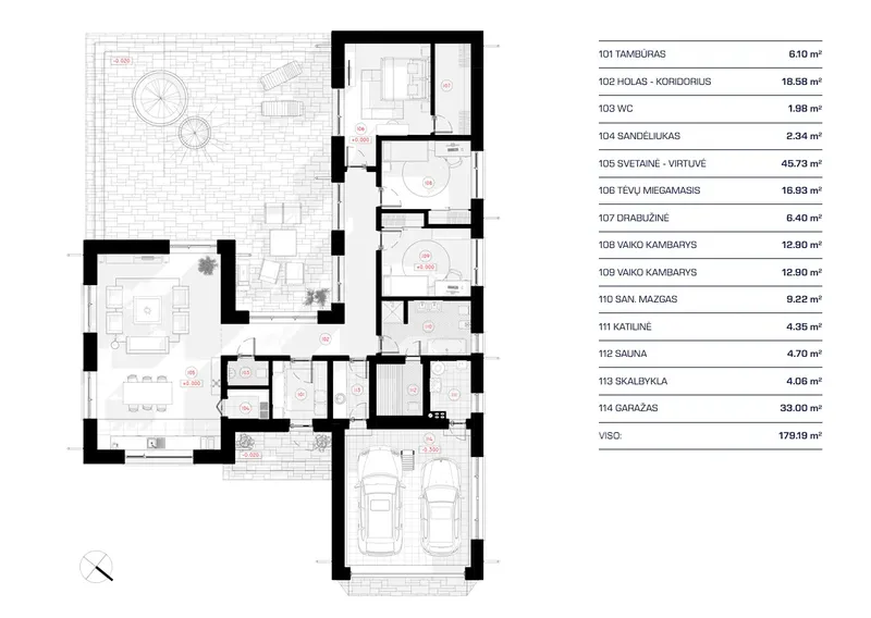 Pirmas Aukštas 11 – Vieno aukšto namo projektas 179 m², 3 Miegamieji — 72423R