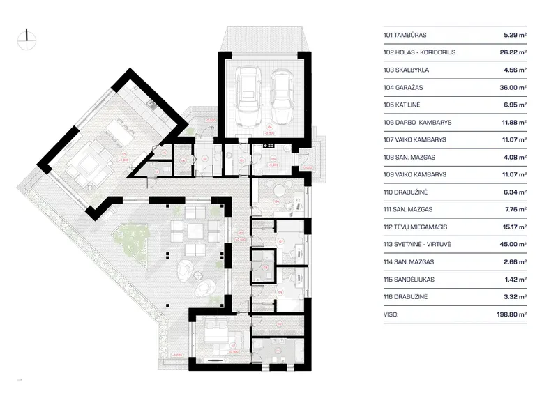 Pirmas Aukštas 11 – Vieno aukšto namo projektas 199 m², 3 Miegamieji — 18196R