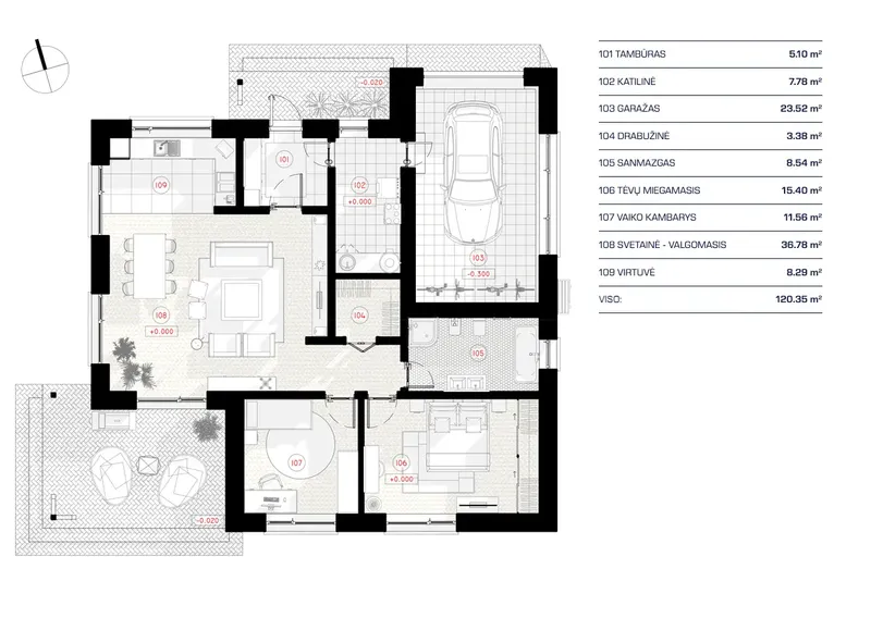Pirmas Aukštas 11 – Vieno aukšto namo projektas 120 m², 2 Miegamieji — 87960R
