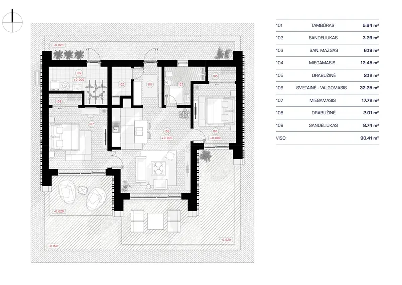 Pirmas Aukštas 1 – Vieno aukšto namo projektas 90 m², 2 Miegamieji — 17407RB