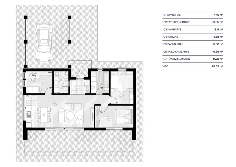 Pirmas Aukštas 11 – Vieno aukšto namo projektas 79 m², 2 Miegamieji — 97188RB