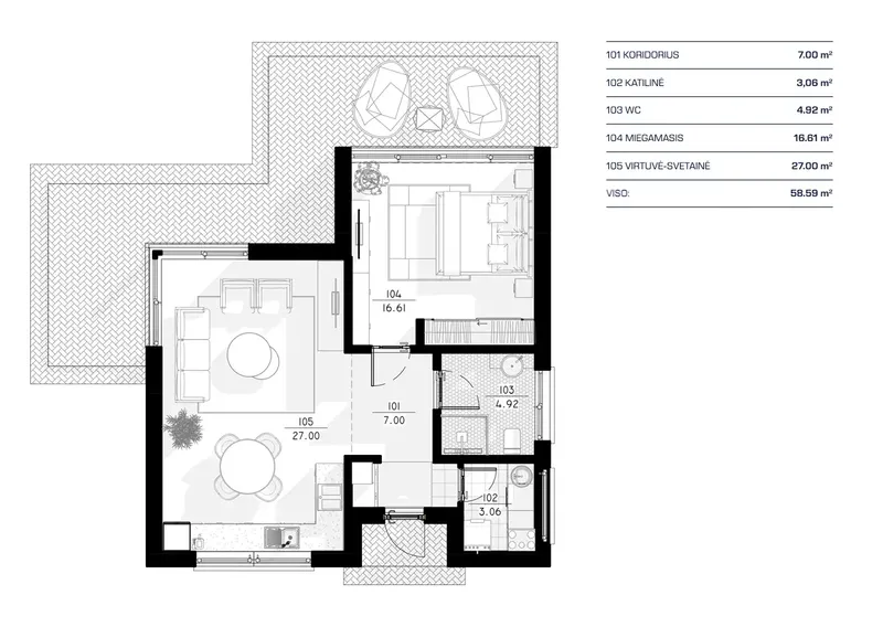 Pirmas Aukštas 11 – Vieno aukšto namo projektas 59 m², 1 Miegamieji — 79714RB
