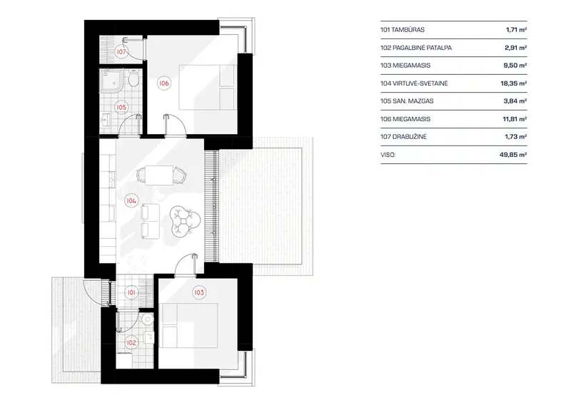 Pirmas Aukštas 16 – Vieno aukšto namo projektas 50 m², 2 Miegamieji — 18784RB