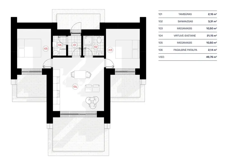 Pirmas Aukštas 15 – Vieno aukšto namo projektas 50 m², 2 Miegamieji — 95687RB