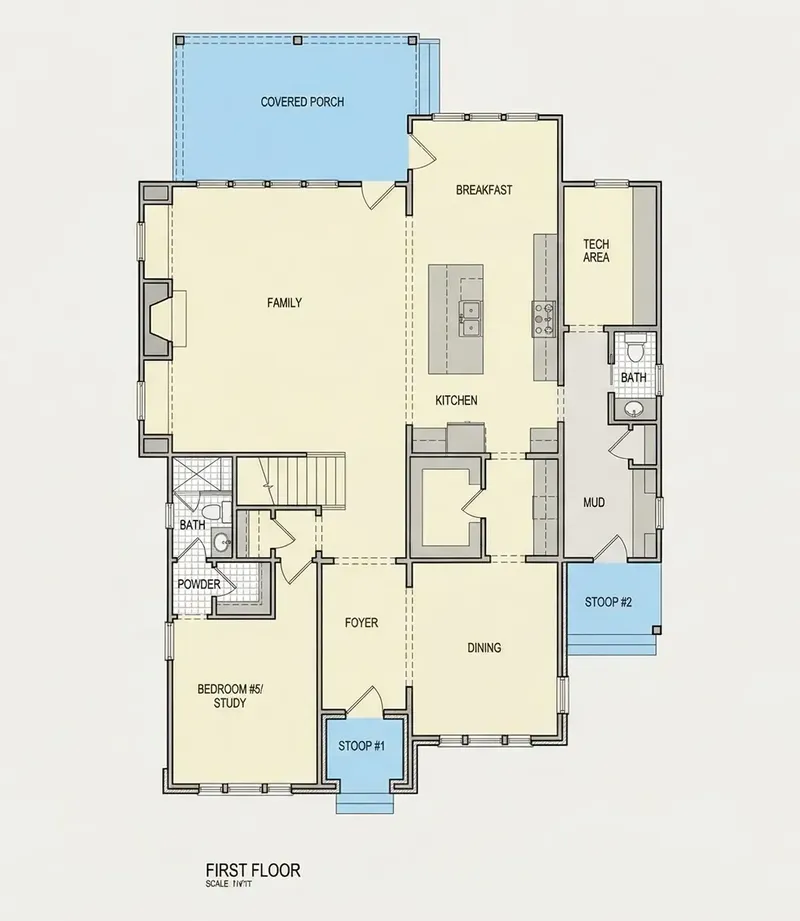 Pirmas Aukštas 21 – Dviejų aukštų namo projektas 409 m², 5 Miegamieji — 30387R