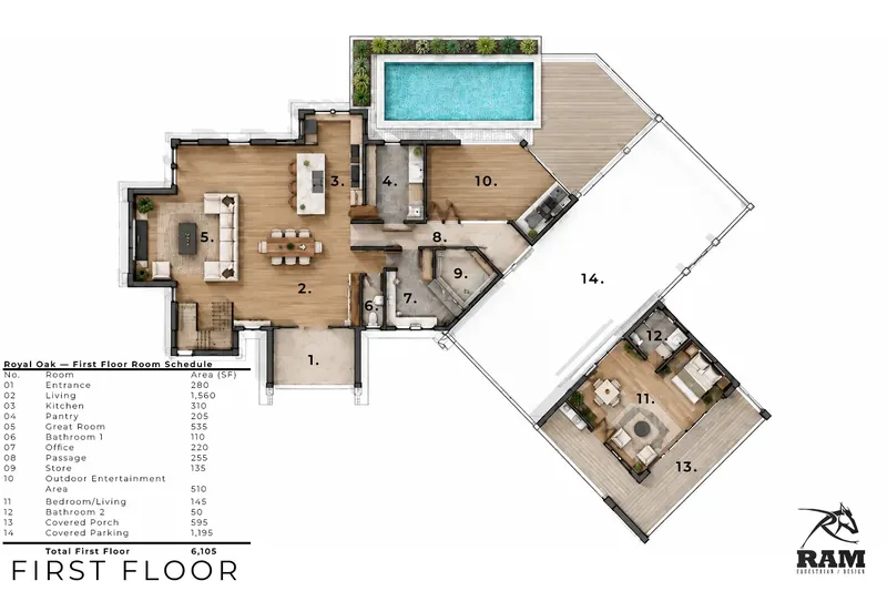 Pirmas Aukštas 14 – Namo projektas su mansarda 647 m², 5 Miegamieji — 80207R