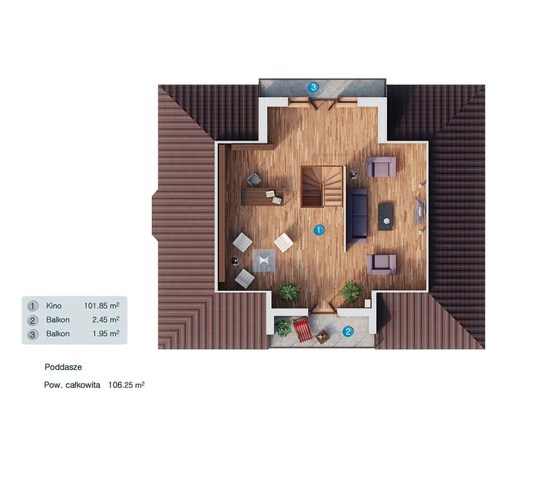 Antras Aukštas 1 – Namo projektas su mansarda 268 m² su 2 miegamaisiais, 2 voniomis ir namų kino sale – 86155C