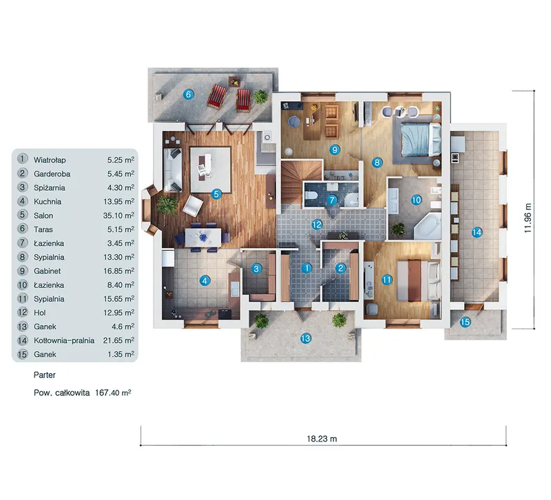Pirmas Aukštas 1 – Namo projektas su mansarda 268 m² su 2 miegamaisiais, 2 voniomis ir namų kino sale – 86155C