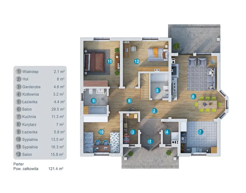 Pirmas Aukštas 1 – Namo projektas su mansarda 164 m², 4 Miegamieji — 18104C