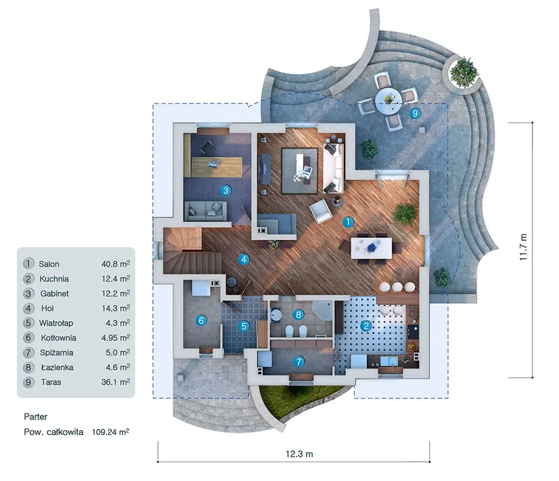 Pirmas Aukštas 1 – Namo projektas su mansarda 212 m², 3 Miegamieji — 18365C