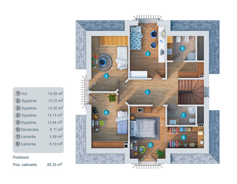 Antras Aukštas 1 – Namo projektas su mansarda 170 m², 4 Miegamieji — 94246C
