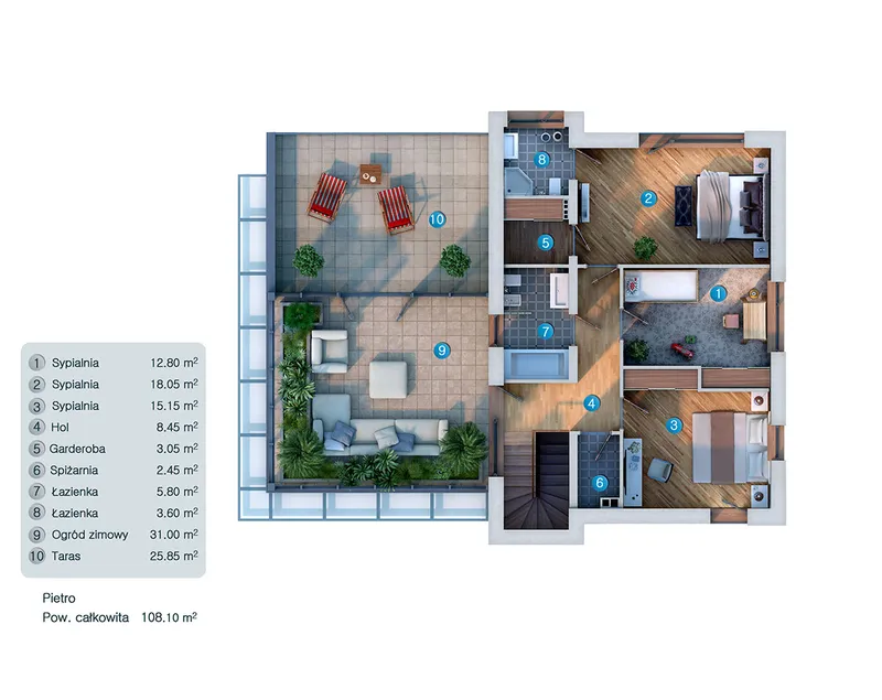 Antras Aukštas 1 – Dviejų aukštų namo projektas 216 m², 3 Miegamieji — 97117C