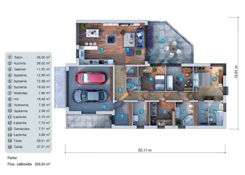 Pirmas Aukštas 1 – Vieno aukšto namo projektas 203 m², 3 Miegamieji — 39454C
