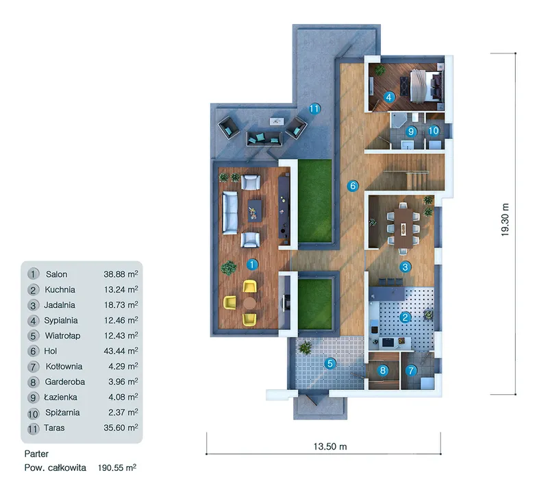 Pirmas Aukštas 10 – Trijų aukštų namo projektas 338 m², 4 Miegamieji — 36682C