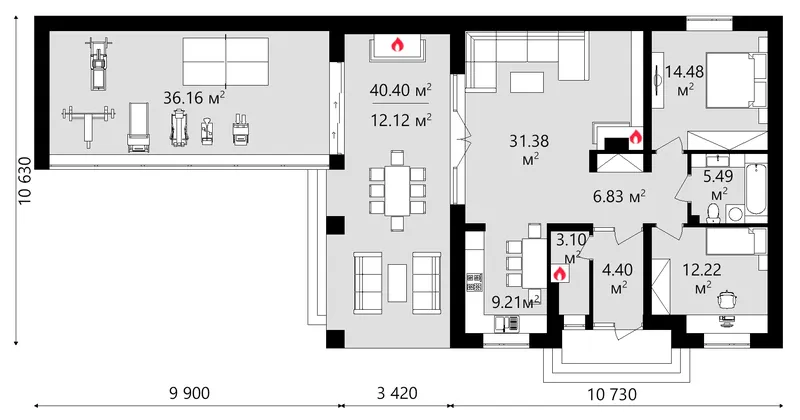 Pirmas Aukštas 1 – Vieno aukšto namo projektas 135 m², 2 Miegamieji — 48370C