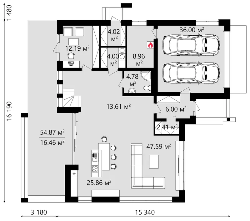 Pirmas Aukštas 13 – Dviejų aukštų namo projektas 330 m², 4 Miegamieji — 82818R