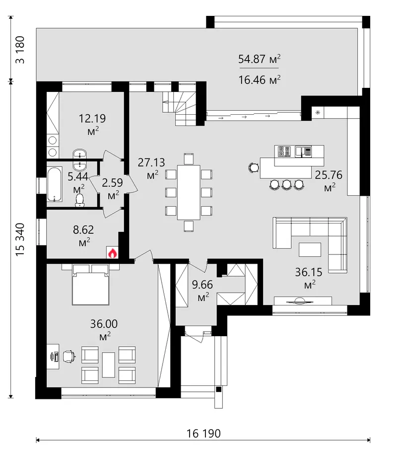 Pirmas Aukštas 12 – Dviejų aukštų namo projektas 329 m², 5 Miegamieji — 64494R