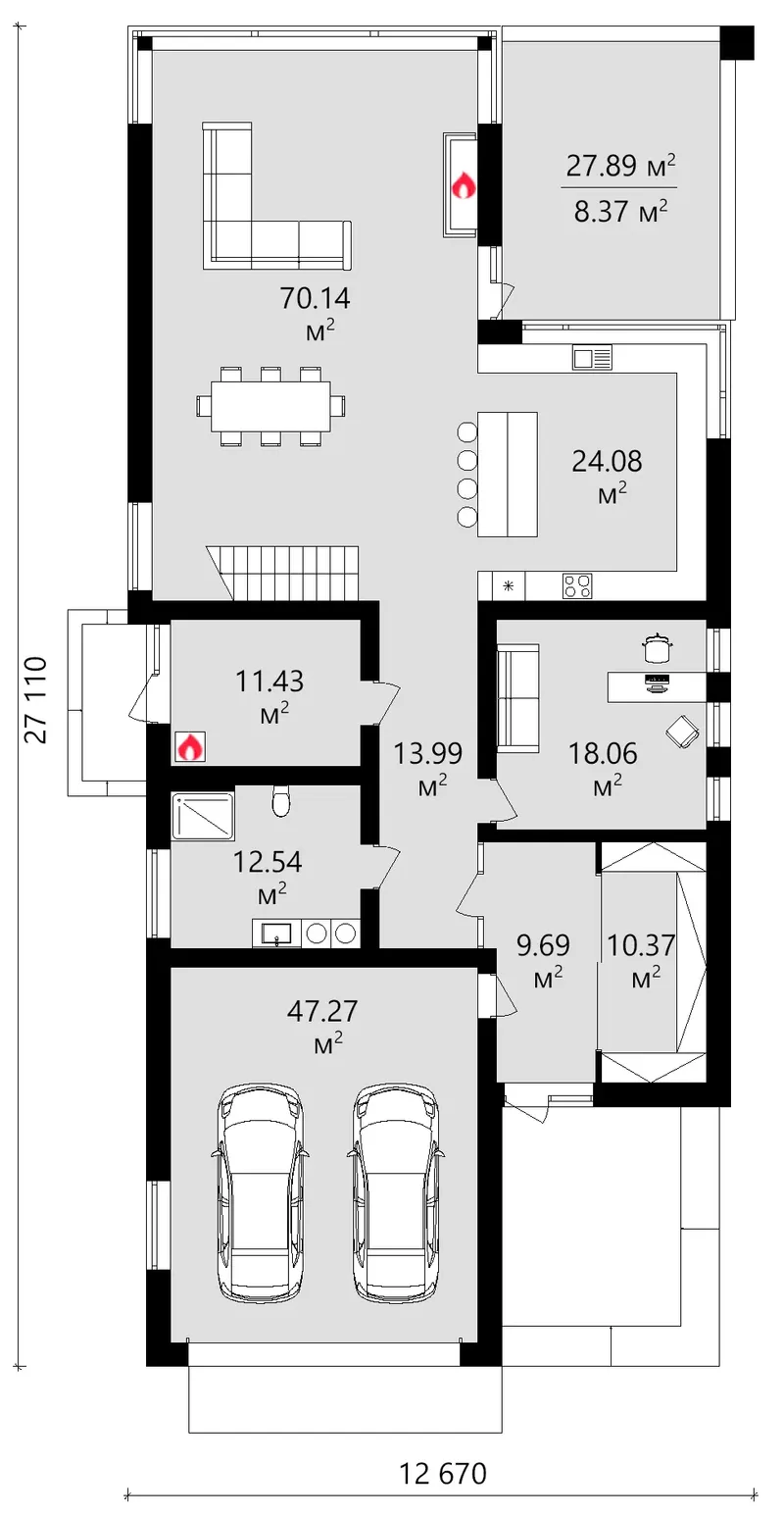Pirmas Aukštas 13 – Dviejų aukštų namo projektas 415 m², 3 Miegamieji — 94830R