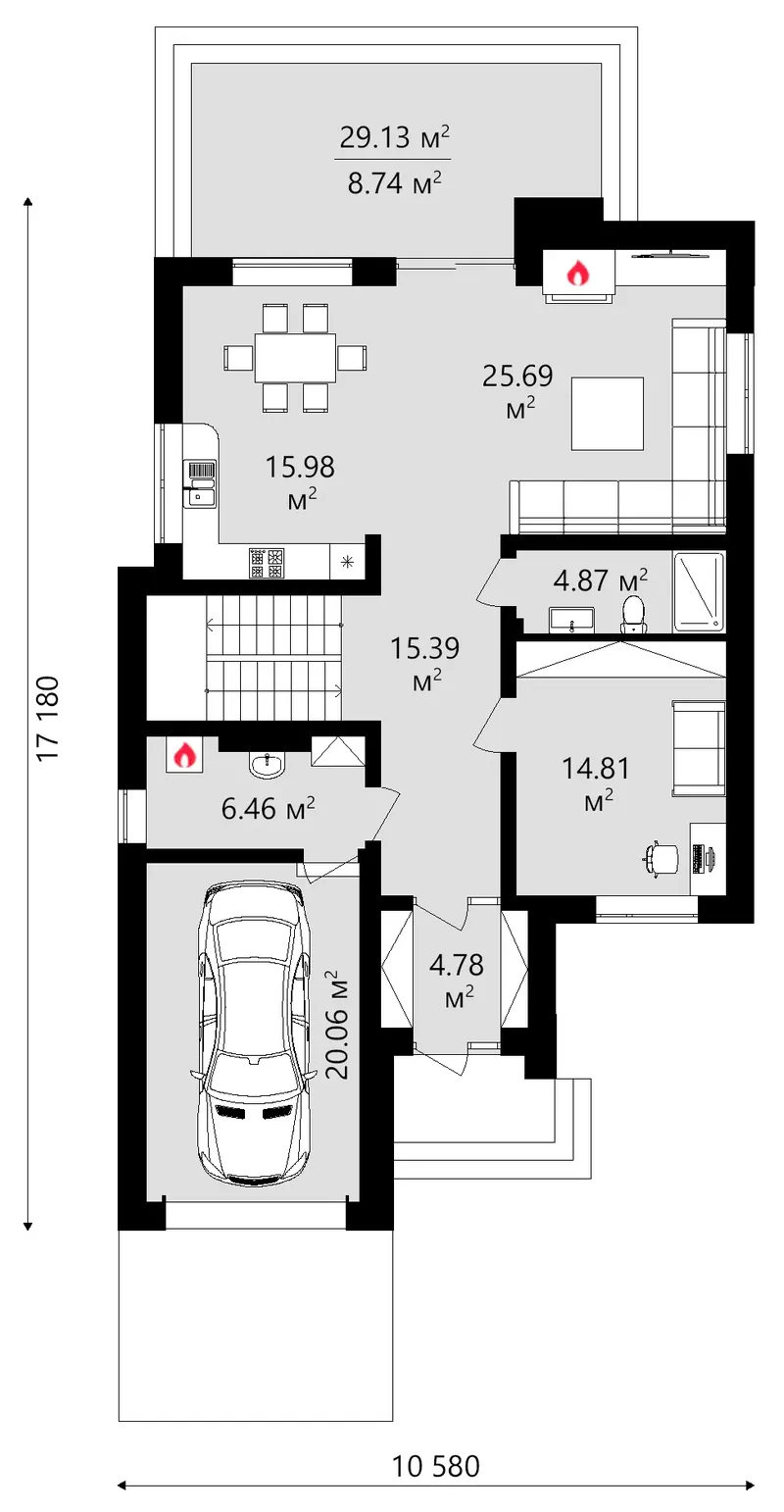 Pirmas Aukštas 12 – Namo projektas su mansarda 225 m², 3 Miegamieji — 68057C