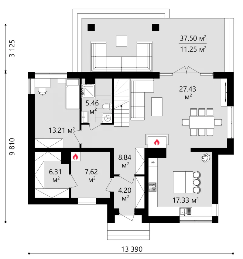 Pirmas Aukštas 13 – Dviejų aukštų namo projektas 185 m², 3 Miegamieji — 42242R