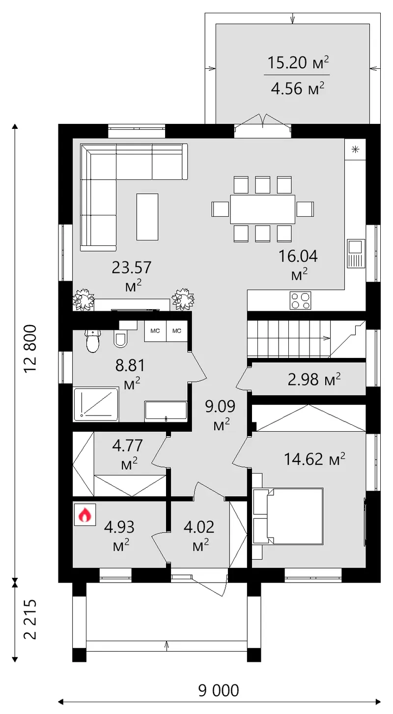 Pirmas Aukštas 17 – Dviejų aukštų namo projektas 182 m², 5 Miegamieji — 89804C