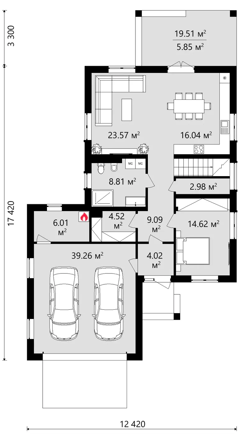 Pirmas Aukštas 12 – Dviejų aukštų namo projektas 227 m², 4 Miegamieji — 94373C