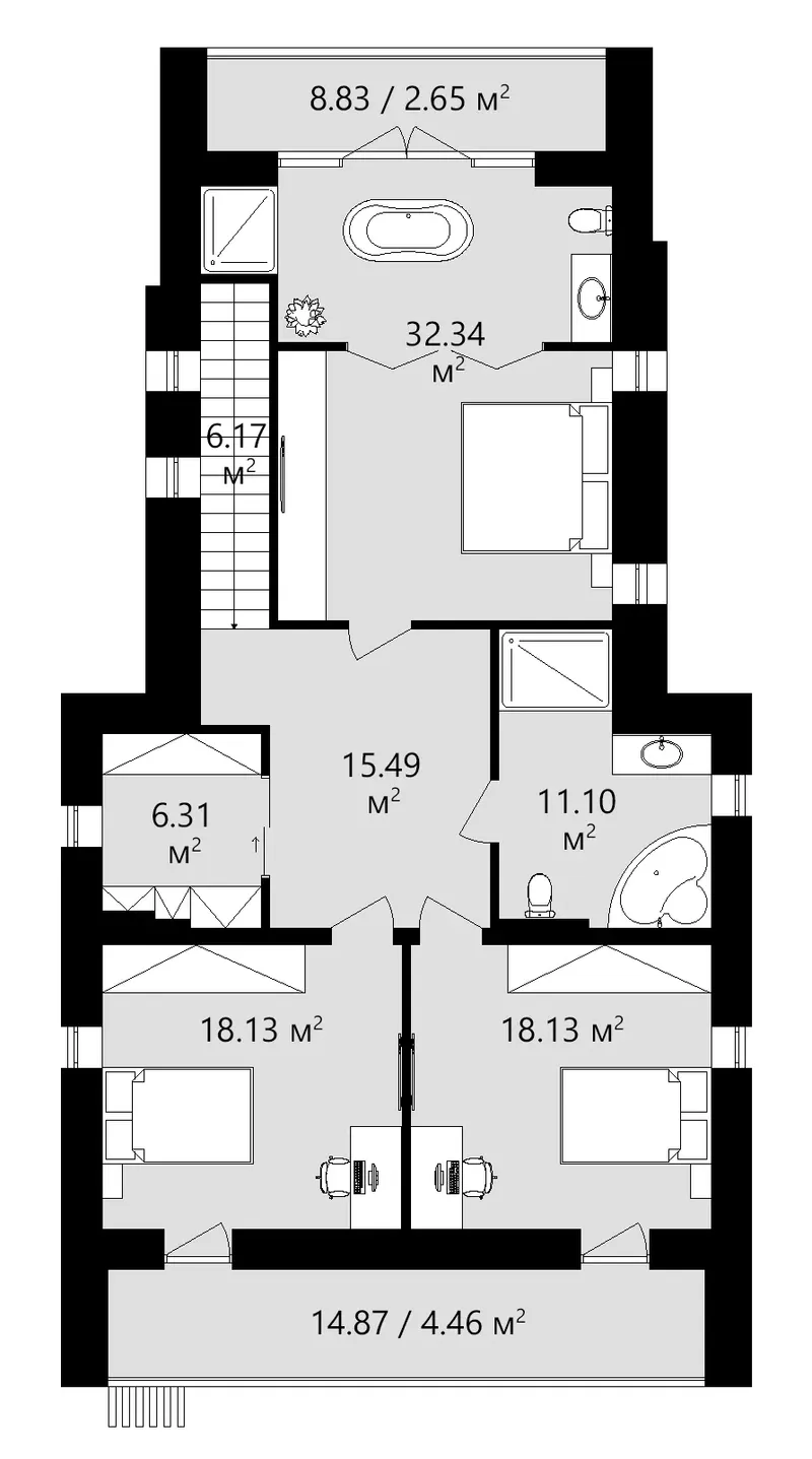 Antras Aukštas 14 – Namo projektas su mansarda 224 m², 3 Miegamieji — 27952C