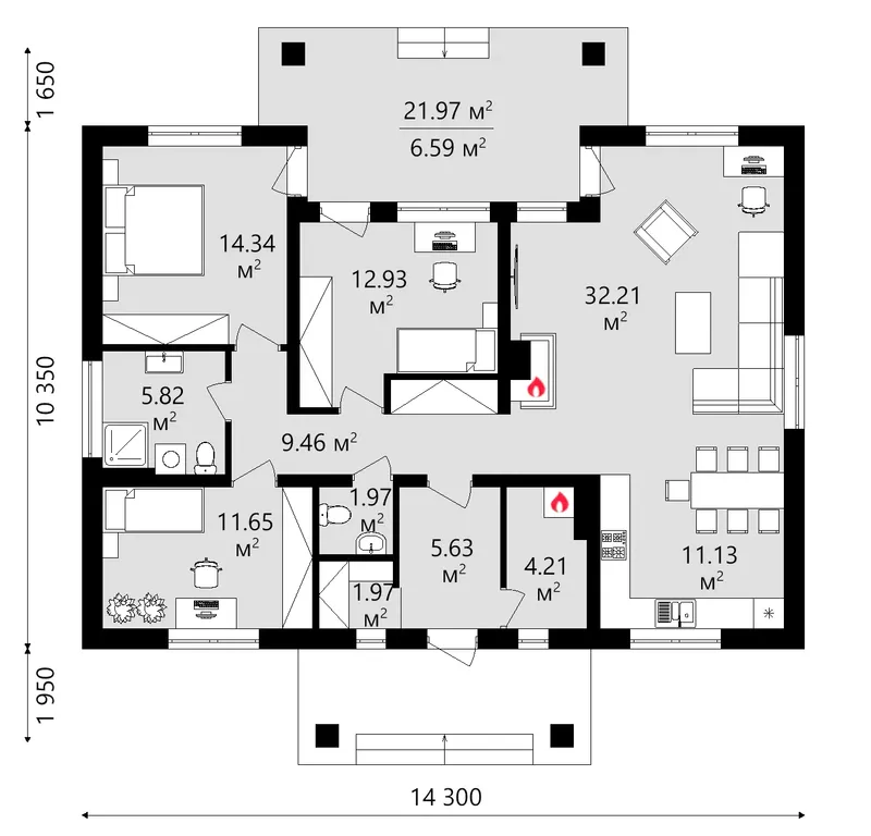 Pirmas Aukštas 12 – Vieno aukšto namo projektas 111 m², 3 Miegamieji — 26199C