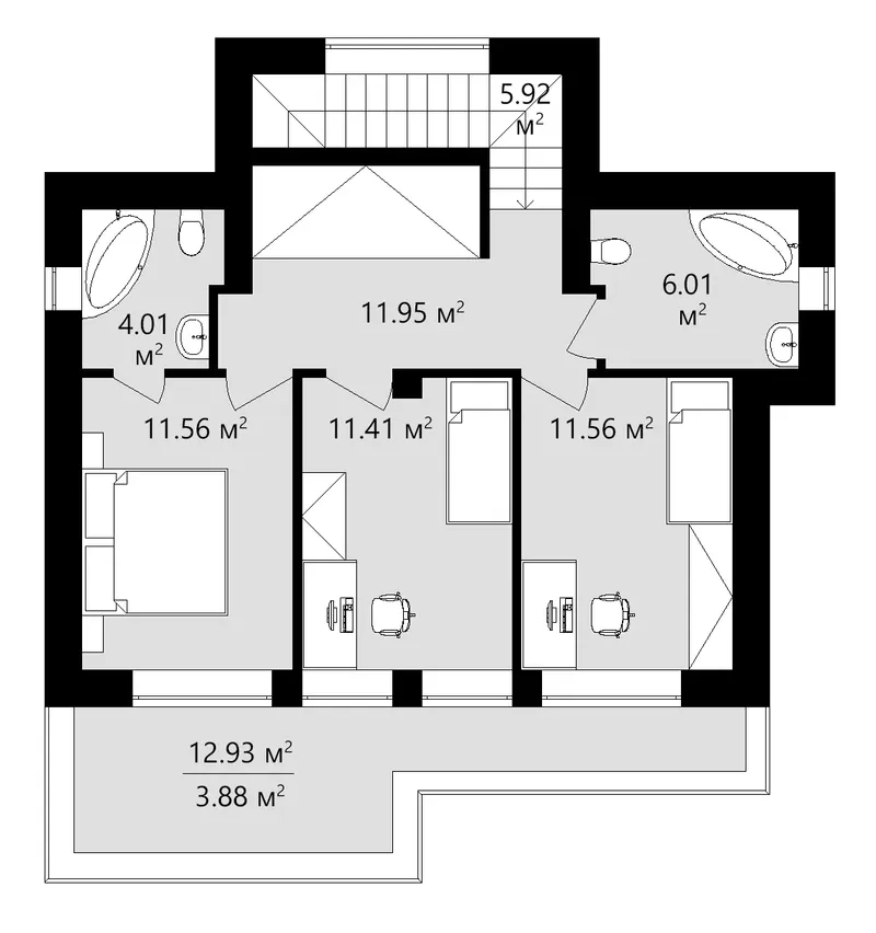 Trečias Aukštas 14 – Trijų aukštų namo projektas 144 m², 3 Miegamieji — 10865C