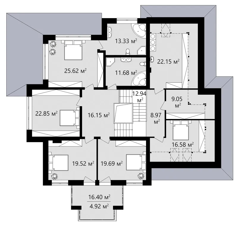 Antras Aukštas 14 – Dviejų aukštų namo projektas 436 m², 5 Miegamieji — 38085C