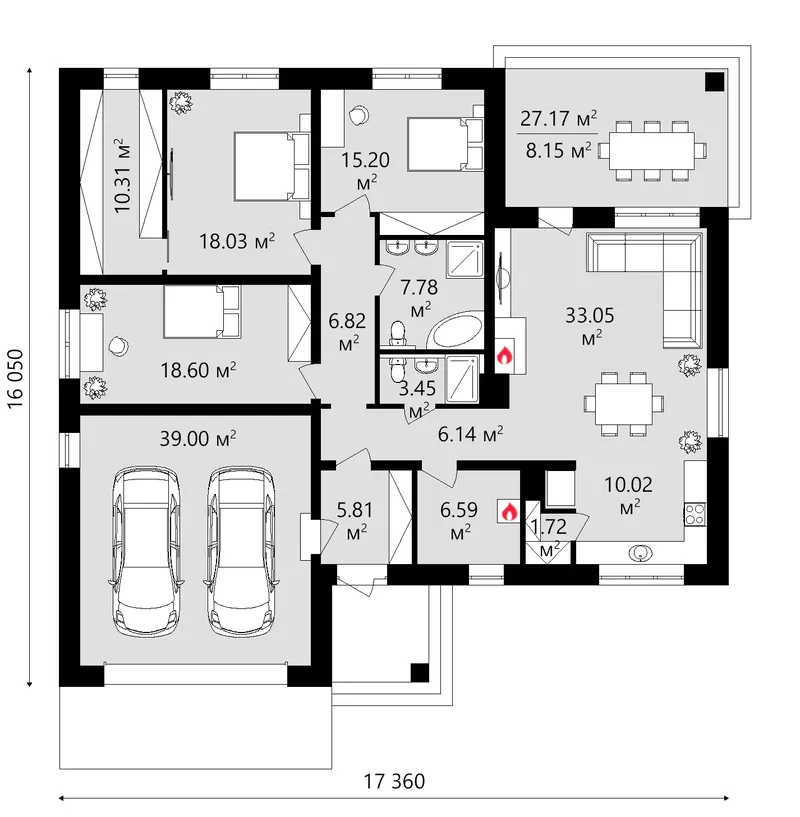 Pirmas Aukštas 8 – Vieno aukšto namo projektas 191 m², 3 Miegamieji — 82318C