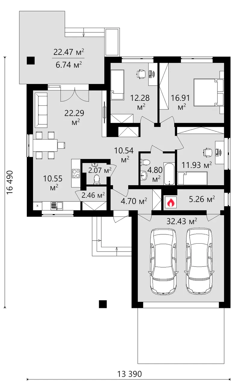 Pirmas Aukštas 12 – Vieno aukšto namo projektas 136 m², 3 Miegamieji — 87760C