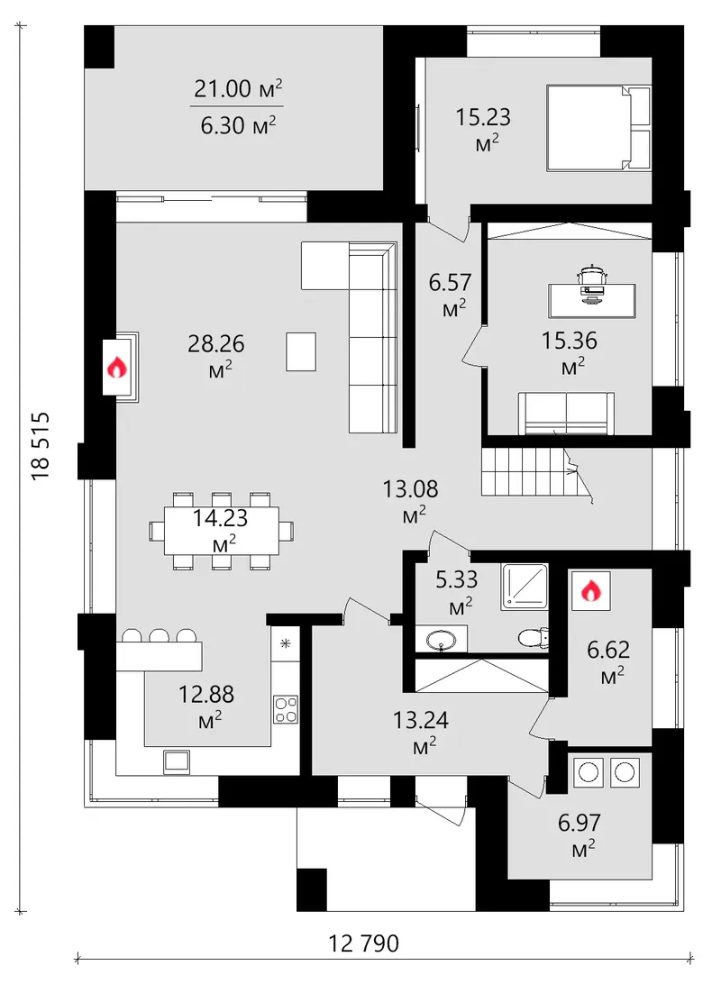 Pirmas Aukštas 19 – Dviejų aukštų namo projektas 256 m², 4 Miegamieji — 15943C