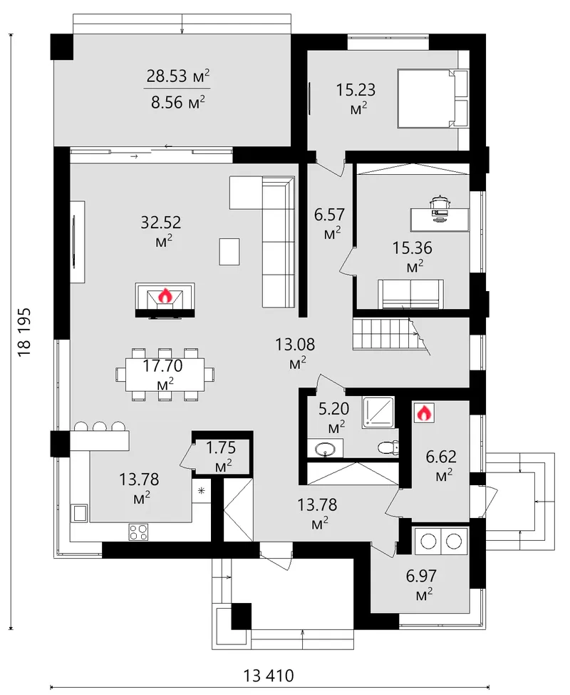 Pirmas Aukštas 18 – Dviejų aukštų namo projektas 279 m², 4 Miegamieji — 66123C
