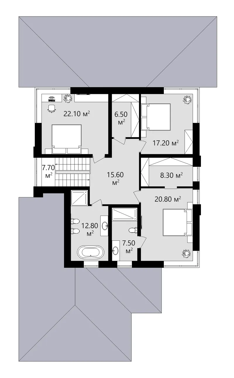 Antras Aukštas 9 – Dviejų aukštų namo projektas 298 m², 4 Miegamieji — 66535C