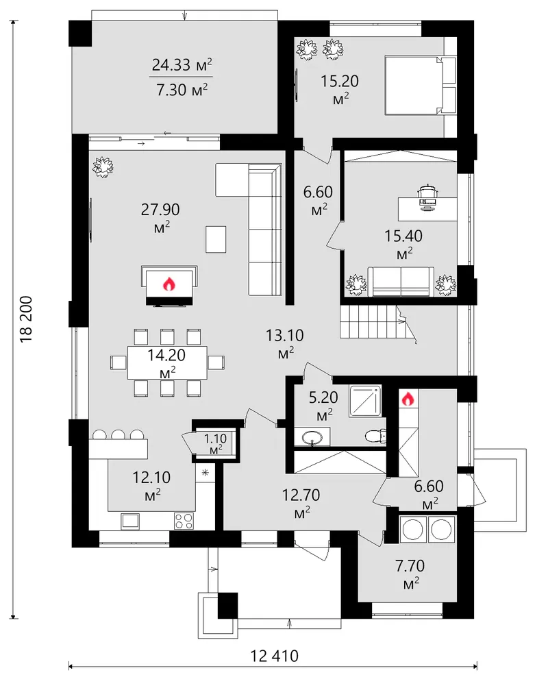 Pirmas Aukštas 7 – Dviejų aukštų namo projektas 256 m², 4 Miegamieji — 29699C