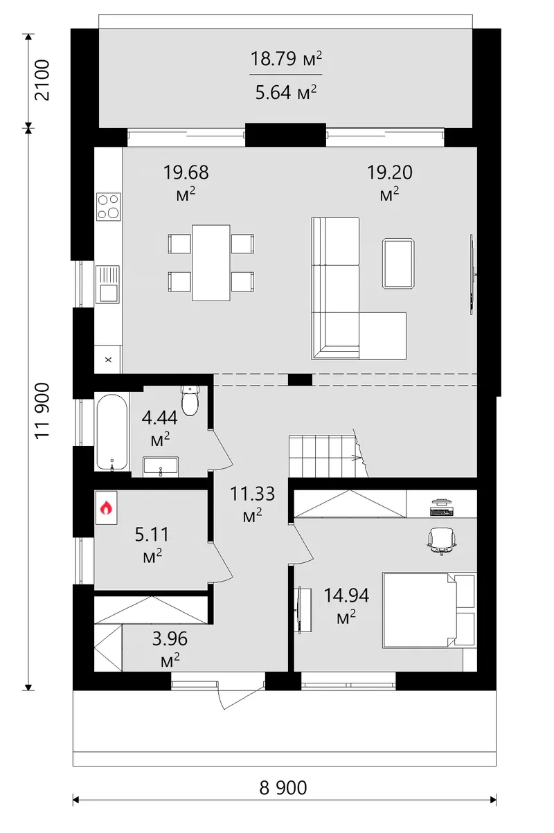 Pirmas Aukštas 8 – Namo projektas su mansarda 172 m², 4 Miegamieji — 41187C