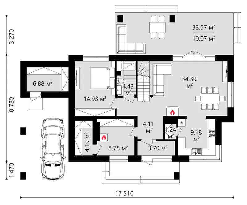 Pirmas Aukštas 8 – Dviejų aukštų namo projektas 177 m², 3 Miegamieji — 44407C