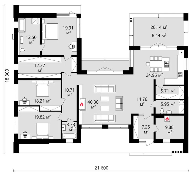 Pirmas Aukštas 10 – Trijų aukštų namo projektas 217 m², 3 Miegamieji — 28123C