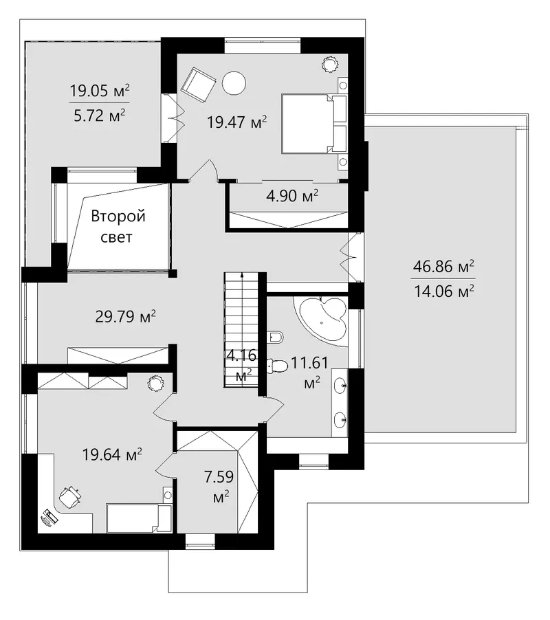 Antras Aukštas 13 – Dviejų aukštų namo projektas 270 m², 2 Miegamieji — 90840C