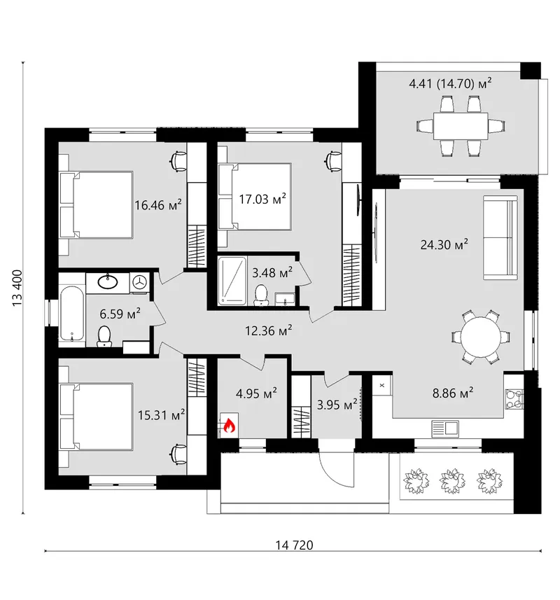 Pirmas Aukštas 8 – Vieno aukšto namo projektas 113 m², 3 Miegamieji — 35313C