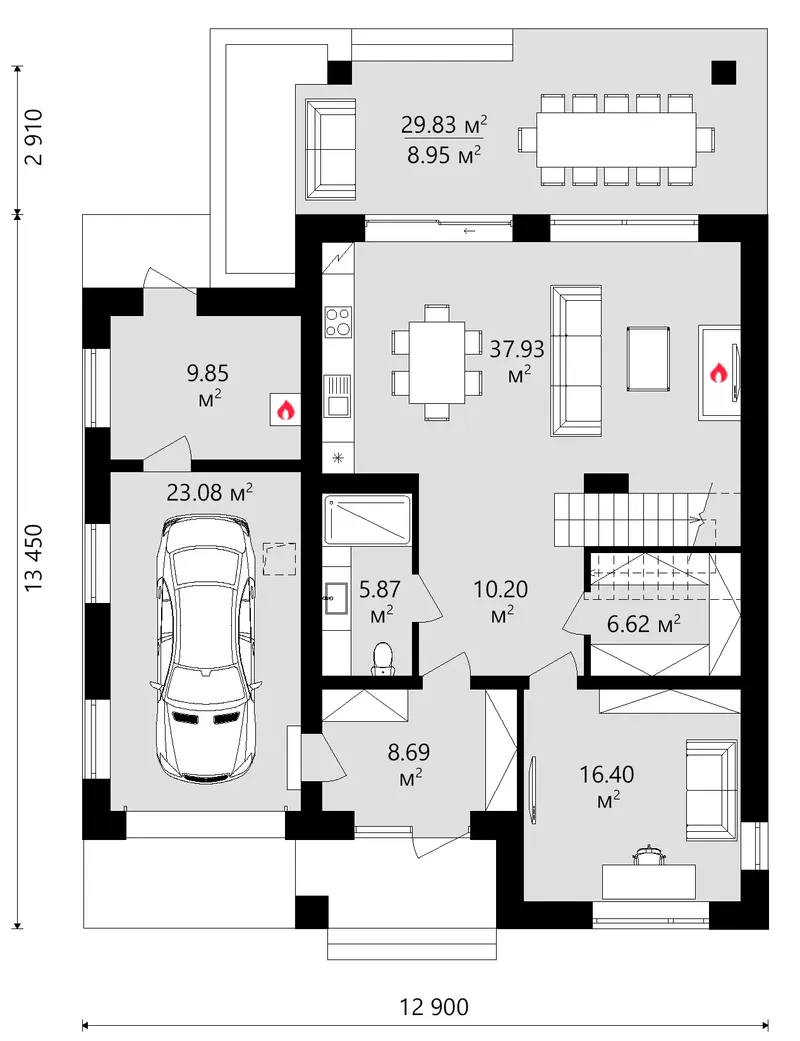 Pirmas Aukštas 8 – Dviejų aukštų namo projektas 220 m², 3 Miegamieji — 26880C