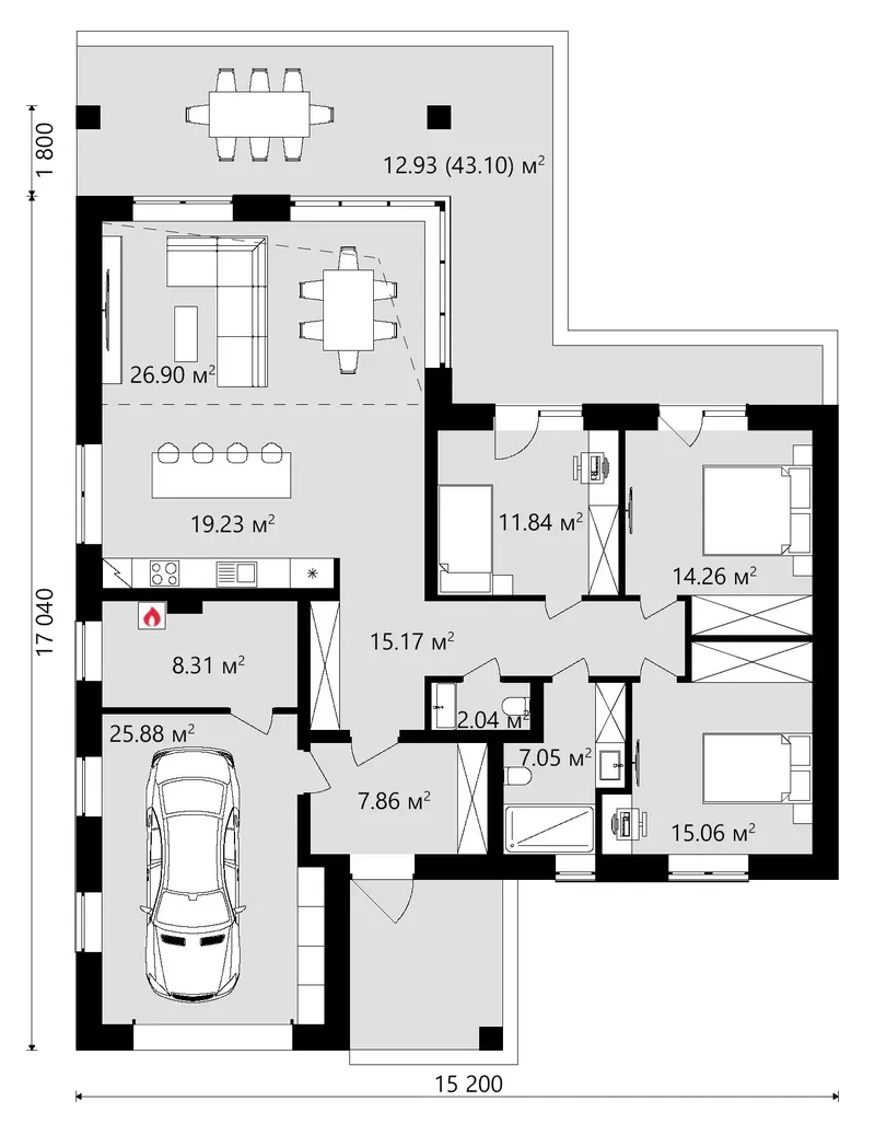 Pirmas Aukštas 12 – Vieno aukšto namo projektas 163 m², 3 Miegamieji — 72446C