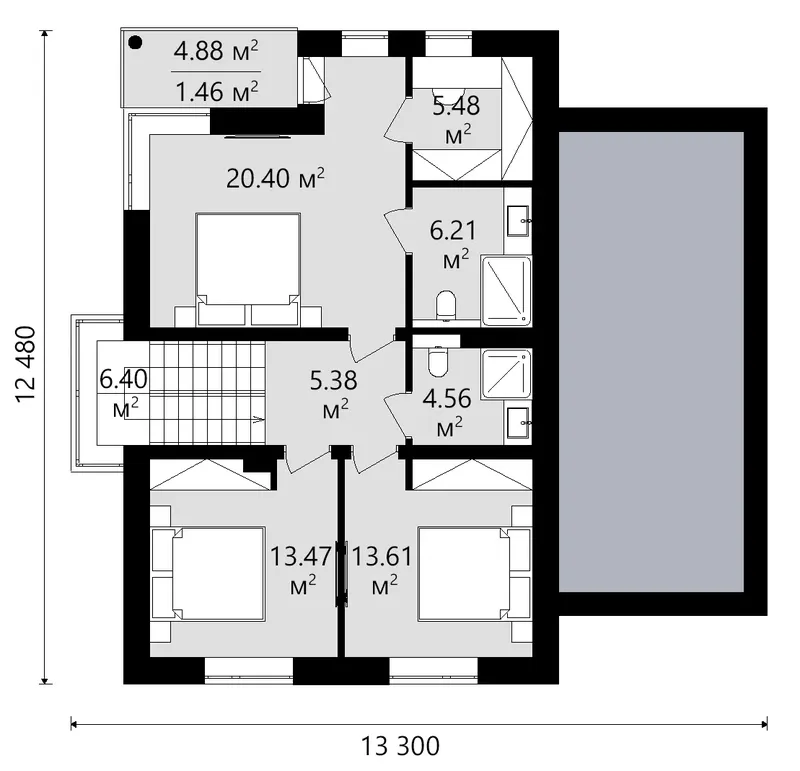 Antras Aukštas 12 – Dviejų aukštų namo projektas 175 m², 3 Miegamieji — 46872C