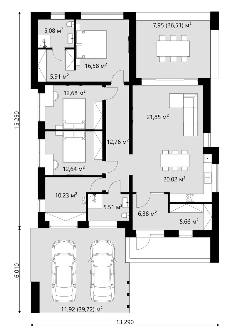 Pirmas Aukštas 16 – Vieno aukšto namo projektas 155 m², 3 Miegamieji — 56534C