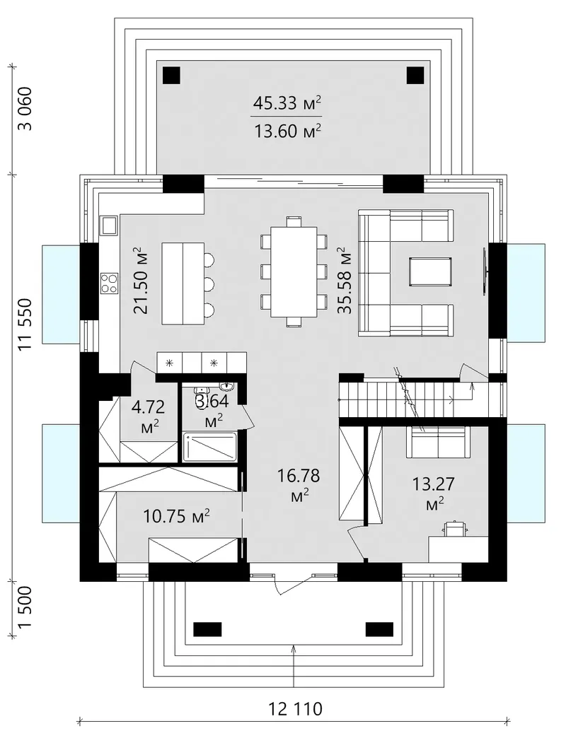 Pirmas Aukštas 13 – Dviejų aukštų namo projektas 341 m², 3 Miegamieji — 14977C