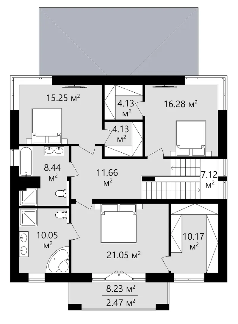 Antras Aukštas 15 – Dviejų aukštų namo projektas 341 m², 3 Miegamieji — 14977C