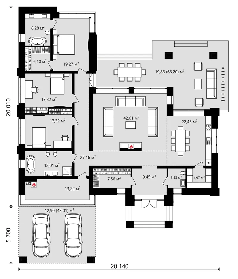 Pirmas Aukštas 5 – Vieno aukšto namo projektas 243 m², 3 Miegamieji — 40614C