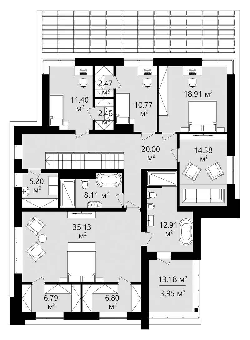Antras Aukštas 13 – Dviejų aukštų namo projektas 337 m², 4 Miegamieji — 72952C