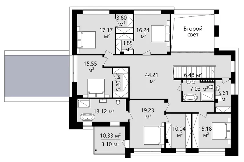 Antras Aukštas 12 – Dviejų aukštų namo projektas 363 m², 5 Miegamieji — 44222C